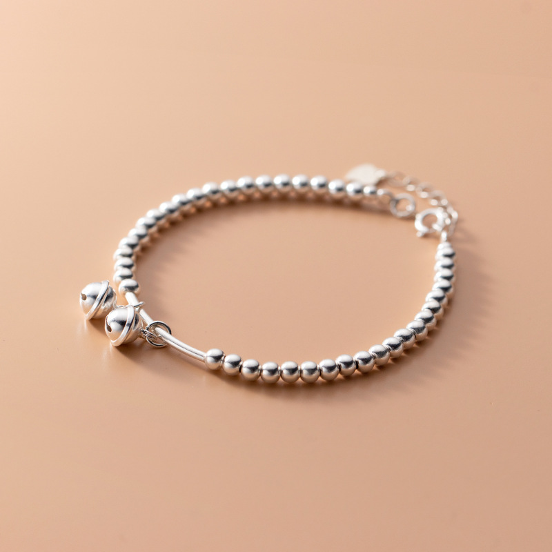 s925素银带延长尾链可调节银珠铃铛手链女款 diy手饰品批发c0401