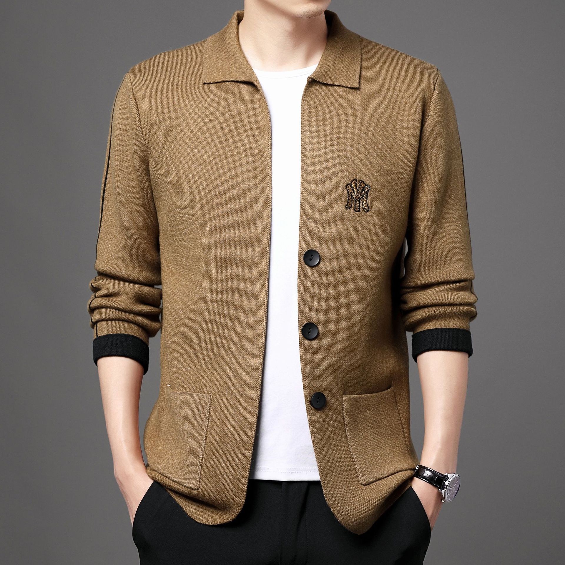 2022秋冬新款男士针织衫开衫潮流修身条纹针织翻领外套毛线衣男