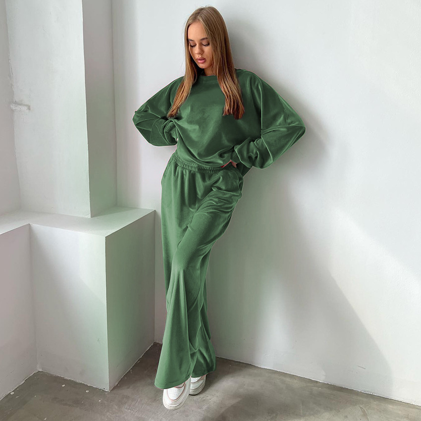 Velvet Simple Fashion Long Sleeve Pajamas Set Women's Clothing Autumn Crew Neck Comfortable Trousers European and American Home Wear 2023