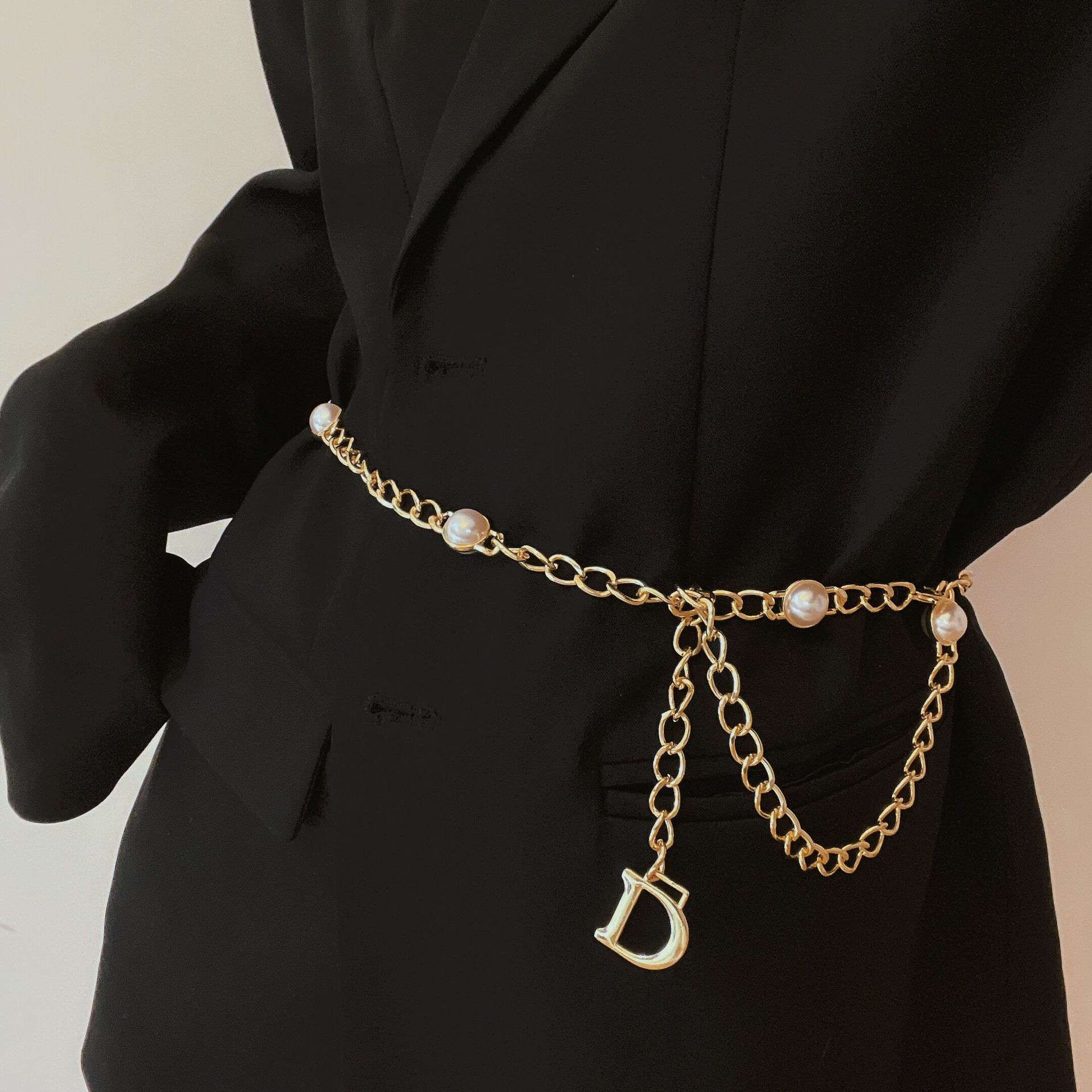 中古金属小香风腰链字母d链搭配牛仔裤连衣裙复古铜金链条腰带