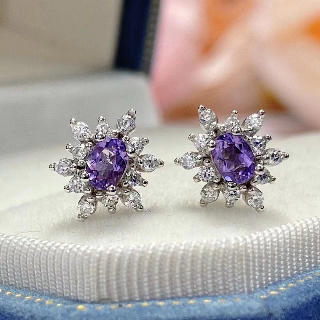 厂家批发 天然紫水晶耳钉主石3×4mm s925银镶嵌女款银饰耳环耳坠