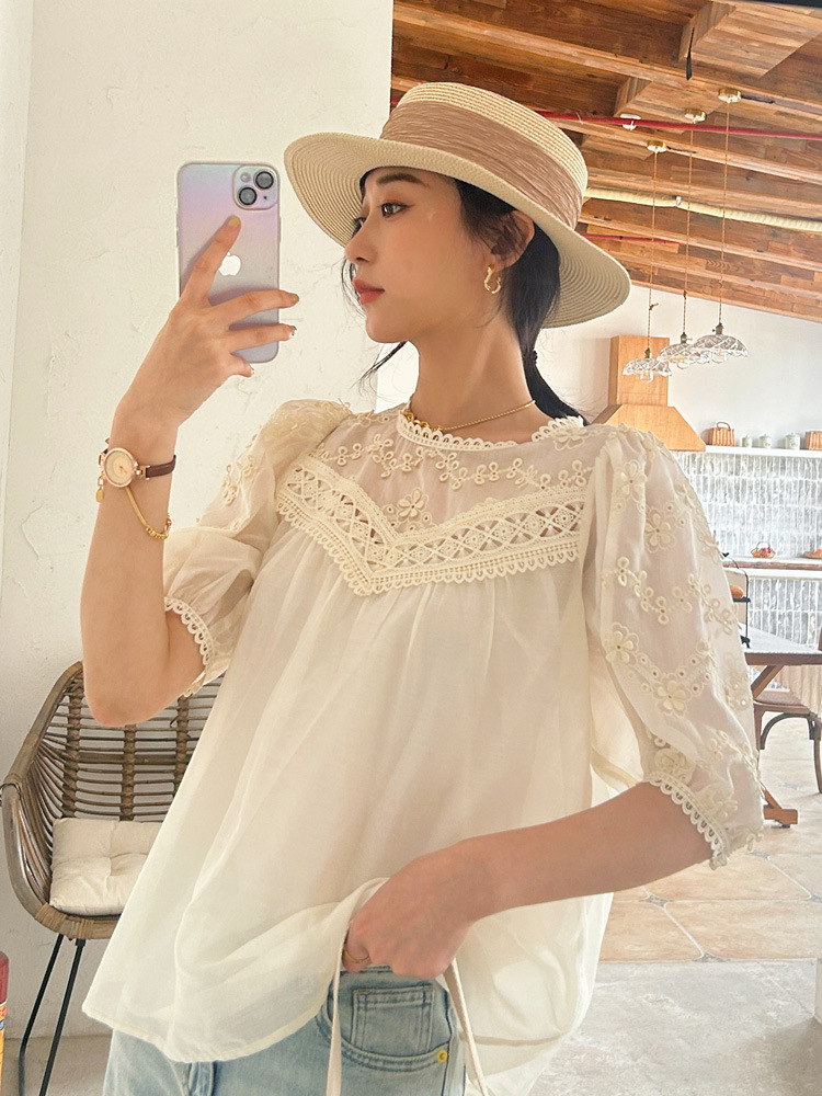夏季薄款天丝衬衣女法式气质淑女名媛风女式衬衫欧货蕾丝拼接上衣