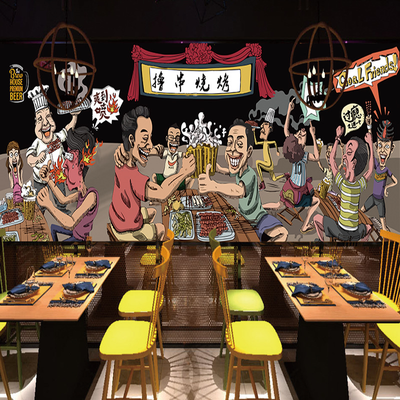 壁纸撸串烤串宵夜烧烤店墙纸创意搞笑背景墙复古装饰墙面自粘壁画