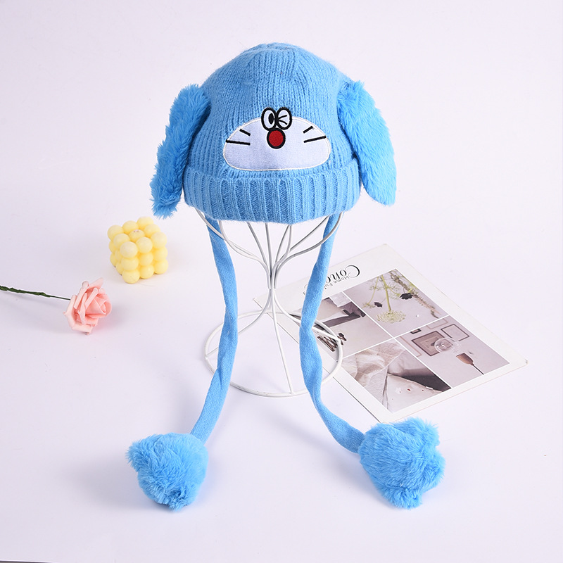 Autumn and Winter Cute Cartoon Children's Warm Ears Moving Hat Boys and Girls Baby Knitted Wool Fluffy Ball Cap Wholesale