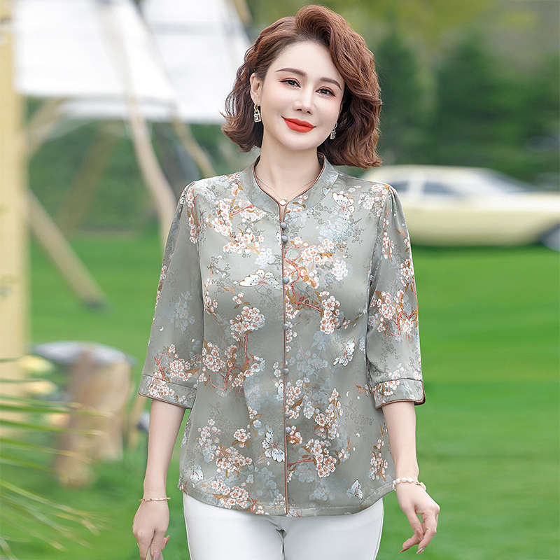 妈妈装夏季新款仿真丝上衣新中式t恤洋气中老年女装薄款衬衫衣服