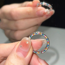 网红彩虹戒指女韩版时尚个性几何网格S925银开口指环设计感食指戒