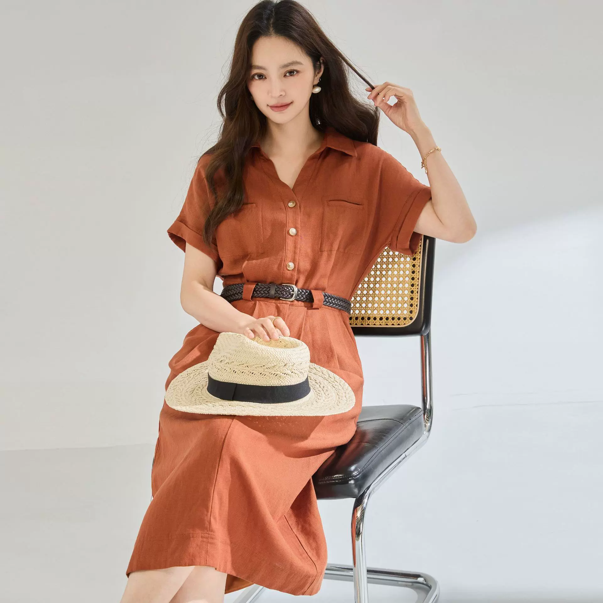 26夏新【莱赛尔+亚麻】法式工装翻领显瘦气质收腰衬衫连衣裙22808