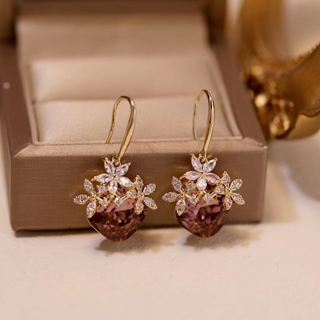 2024新款紫色锆石花朵耳环高级感时尚精致水晶耳饰气质奢华耳钩女