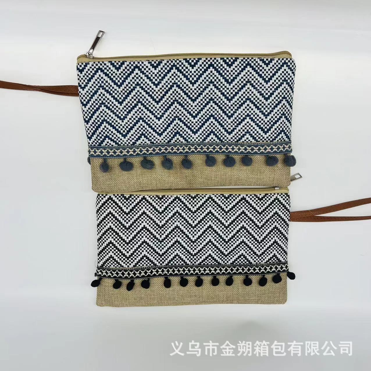 New Double-Sided Cotton and Linen Straw Tassel Striped Bag Clutch Bag Small Bag Cosmetic Bag Mobile Phone Bag Coin Pocket