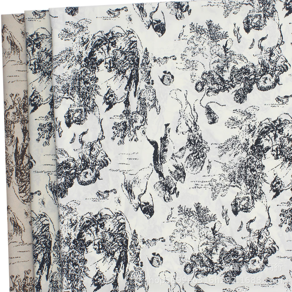 破卡平纹缎印花国风水墨素描画雪纺印花春夏衬衫头巾防蚊裤面料