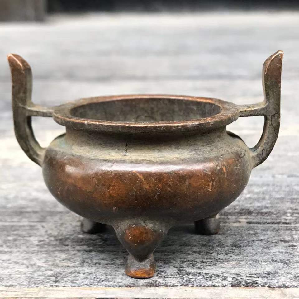 古董古玩收藏纯铜香炉冲天耳铜香炉镀铜三足香炉文玩摆件老物件