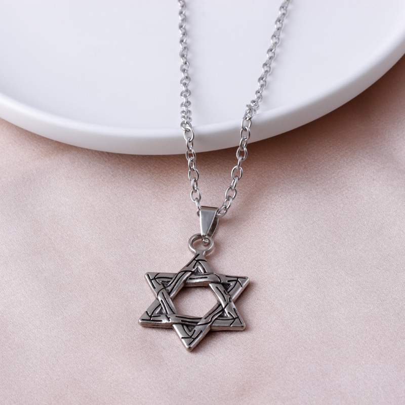 欧美时尚六芒星项链 个性复古合金项链明星同款双面纹吊坠
