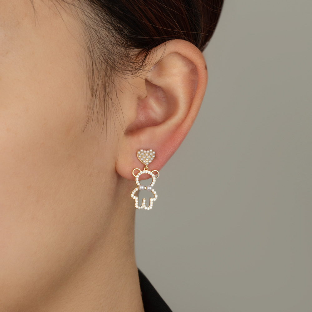 韩版可爱珍珠爱心耳饰女925银针甜美气质微镶铜饰品小熊耳环批发