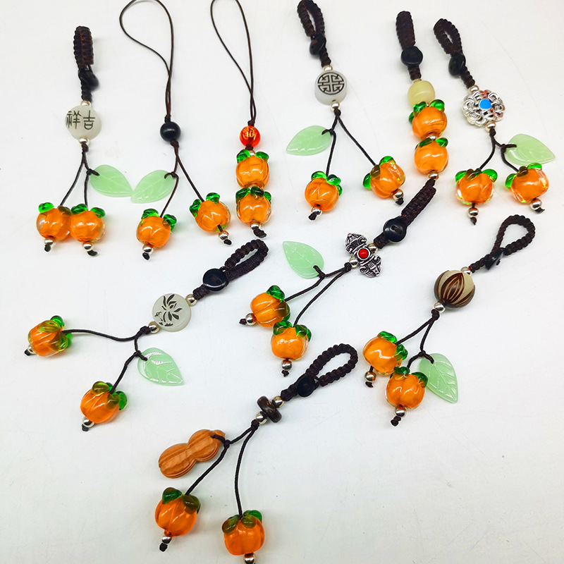 Lucky Persimmon Colored Glaze Persimmon Phone Chain Lanyard Persimmon Leaves Have Keychain Bag Pendant Ornaments Good Persimmon Peanut