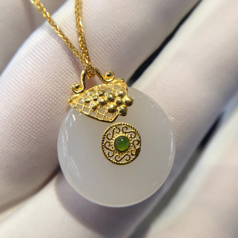 999足金平安扣吊坠女黄金镶和田玉镂空项链24k纯金挂坠生日送礼