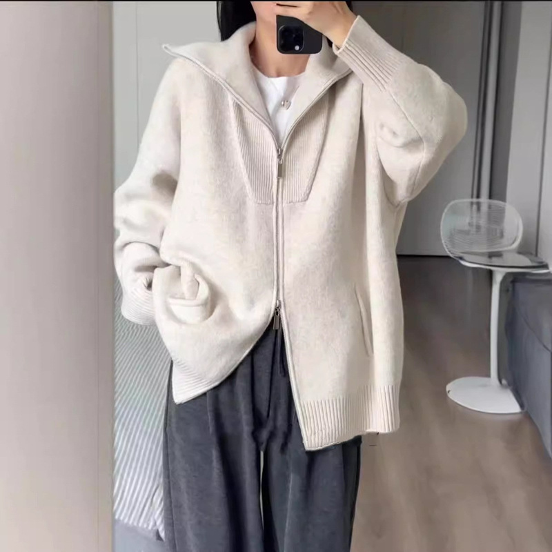 双拉链翻领加厚慵懒毛衣女跨境外贸秋冬新款宽松大码针织开衫外套