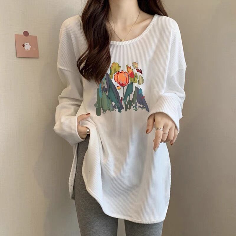 Plus Size Sunken Stripe Thread T-shirt Women's Long Sleeve Autumn Korean Loose Sweatshirt Mid-Length Bottoming Shirt Inner Wear Blouse Tide