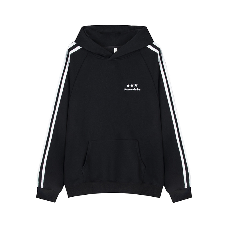 高街美式撞色三条杠星星字母刺绣连帽卫衣男女款潮牌宽松休闲帽衫
