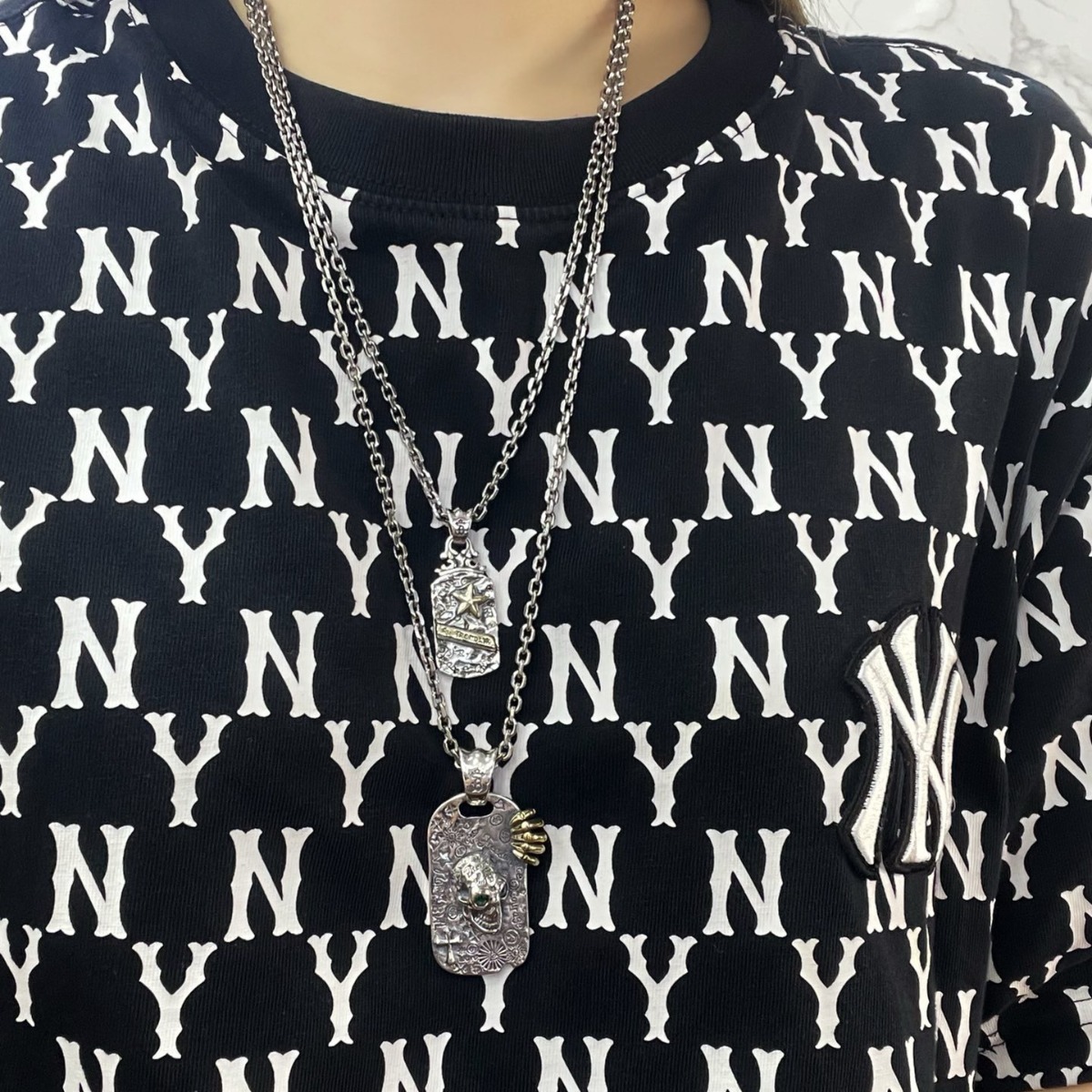 s925纯银首饰泰银复古朋克潮流骷髅吊坠男士百搭骷髅头吊牌毛衣链