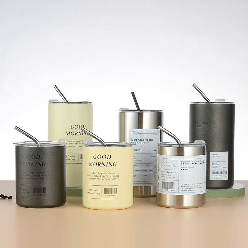 trendy new straw ice american coffee cup double-layerd stainless steel insulation mug portable handy car cup