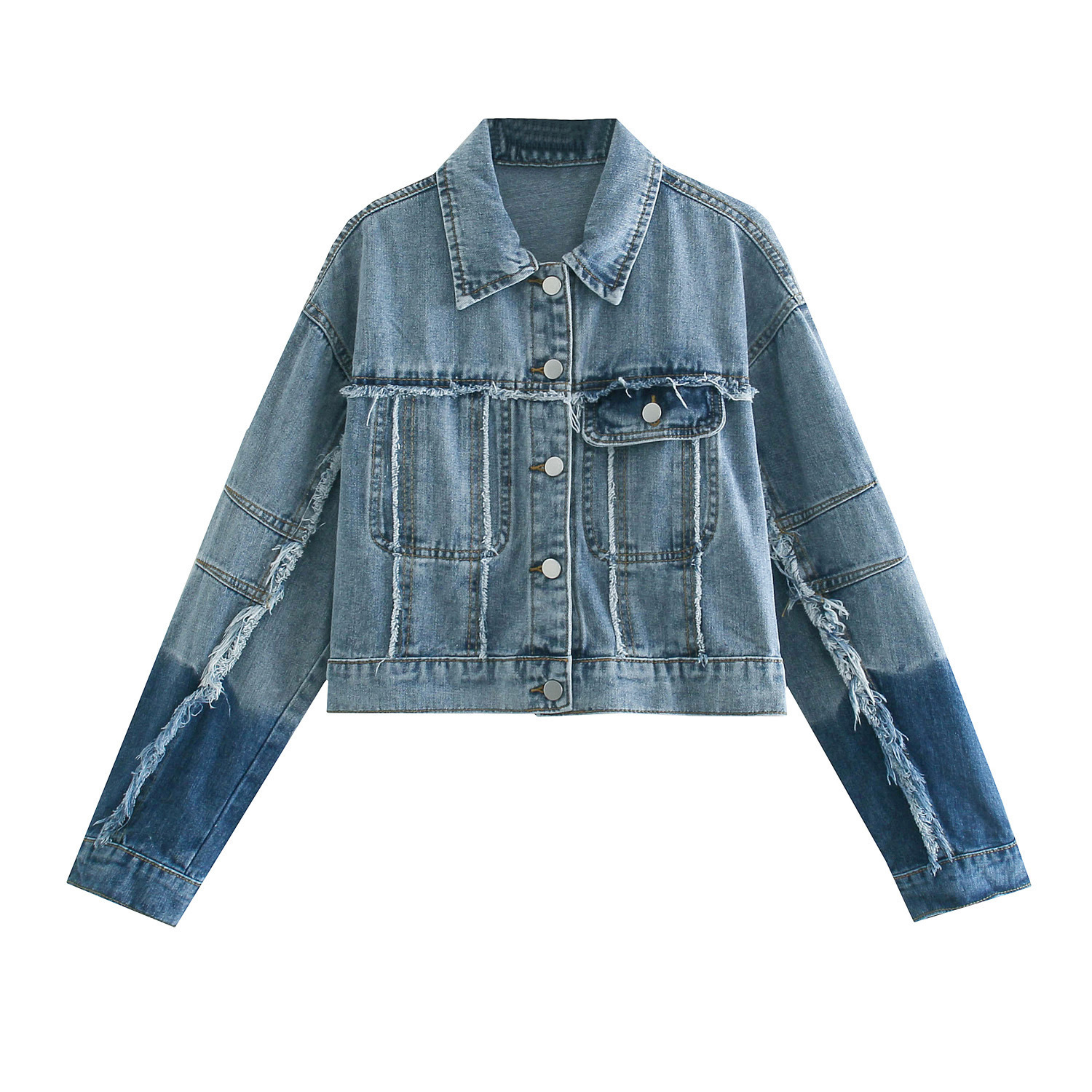 7095-21款 韩版宽松款水洗做旧翻领单排扣长袖牛仔外套 开衫