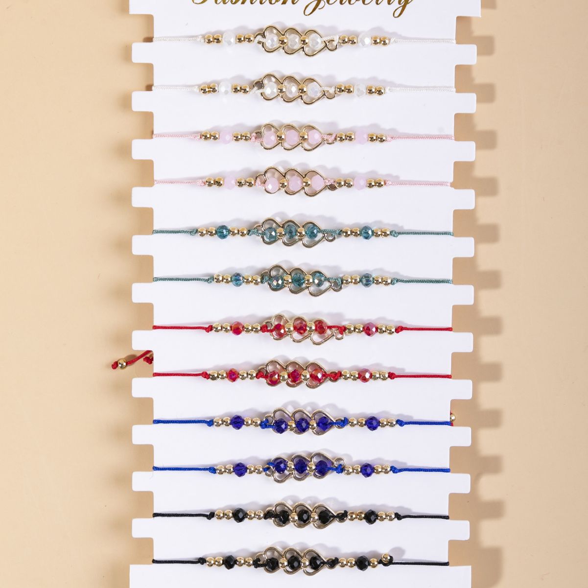 新款跨境流行米珠编织手绳 三个爱心串珠手链 12条一卡手饰批发