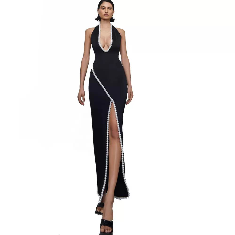 欧美女装轻奢赫本风挂脖深V开衩珍珠长款名媛礼服绷带连衣裙