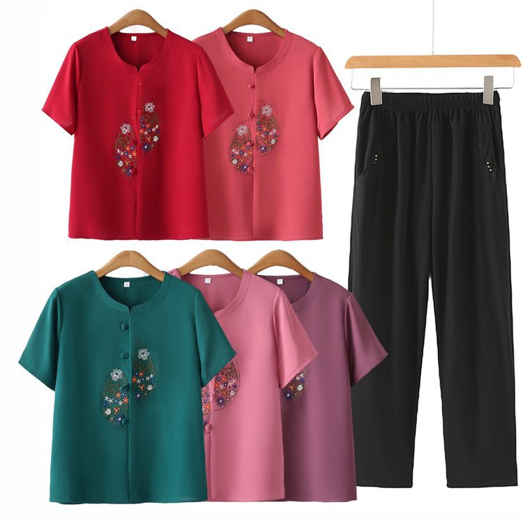 中老年女装短袖套装2024新款夏装妈妈绵绸两件套老年上衣太太衣服