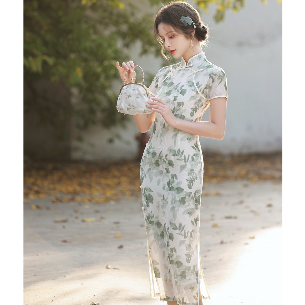 新式中国风雪纺少女旗袍长款 春夏季新款复古改良旗袍连衣裙9385