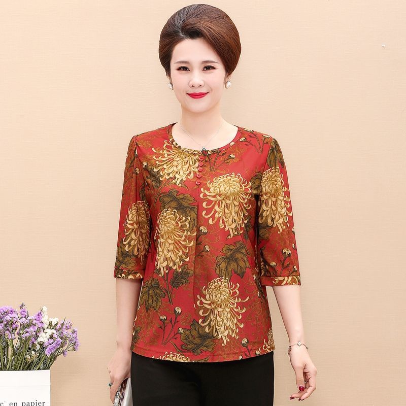 Middle-Aged and Elderly Women's Clothing Spring and Autumn Three-Quarter Sleeve Shirt Top for 50-Year-Old Mothers Loose Large Size Short Sleeve Middle-Aged Summer Clothes