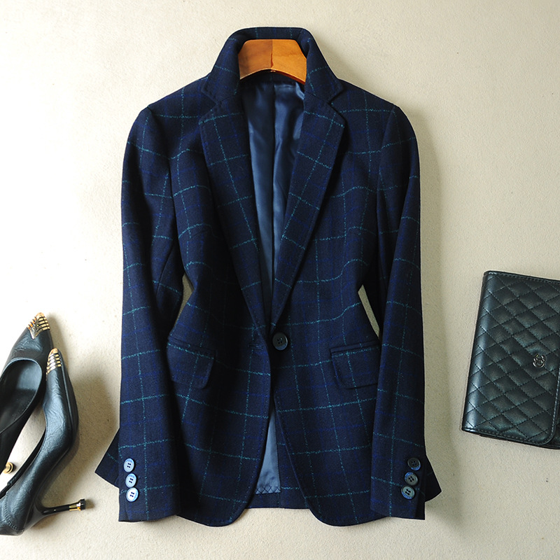 格子西装外套女春秋2024新款韩版英伦修身小个子羊毛休闲西服现货