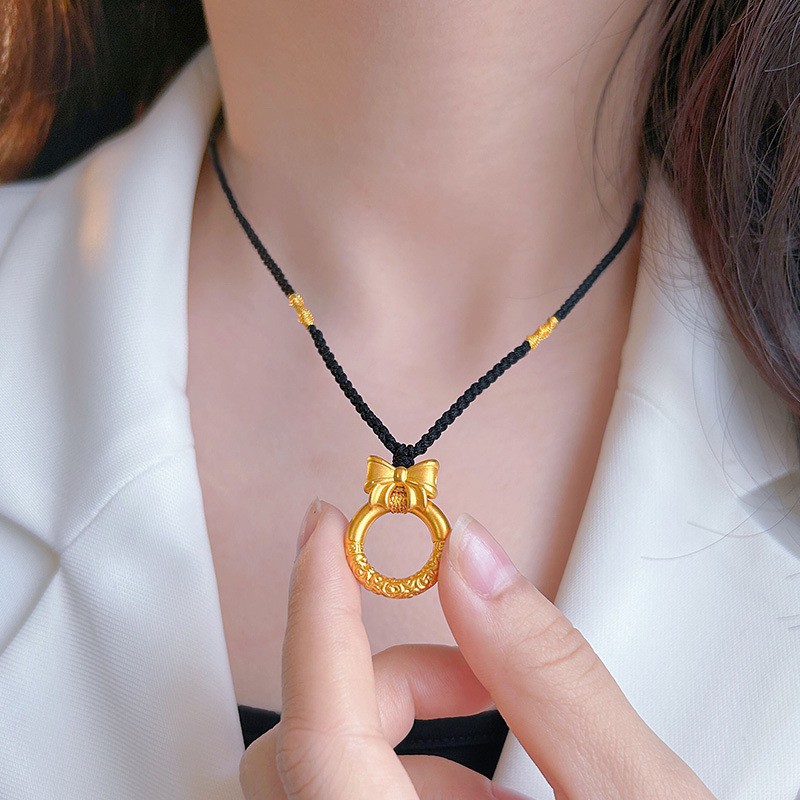 999足金包银在逃公主蝴蝶结黄金吊坠祥云平安扣编织项链女送女友