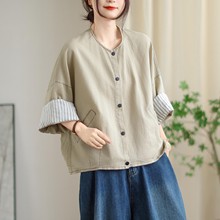 古咖服饰纯色简约亚麻短外套女夏季薄款宽松遮肉显瘦七分袖防上衣