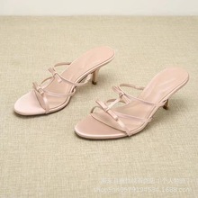 ZA2024夏季新款粉色女鞋丝缎质感蝴蝶结饰高跟凉鞋露趾时装凉鞋女