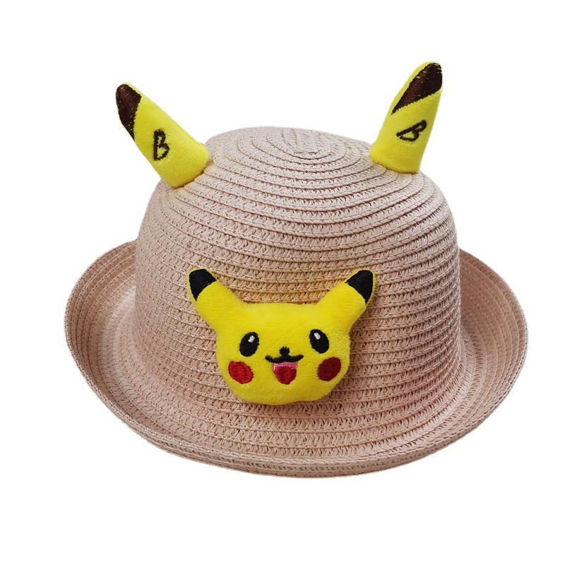 Cross-Border Children's Pikachu Woven Straw Hat Boys and Girls Cute Cartoon Elf Bucket Hat Kids Sun-Shade Fisherman Hat