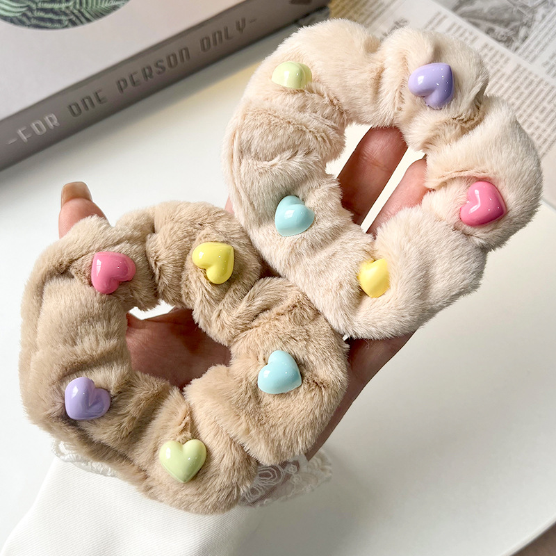 Korean Style Autumn and Winter Plush Candy Color Love Large Intestine Hair Ring Cute High Elastic Hair Bands Furry Thickened Hair Accessories for Women