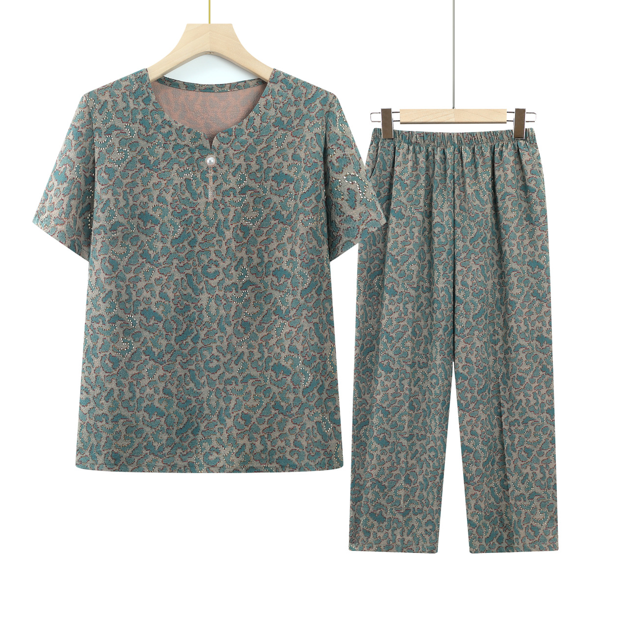 中老年冰丝上衣套装女奶奶装夏季大码印花短袖妈妈装夏装老人衣服