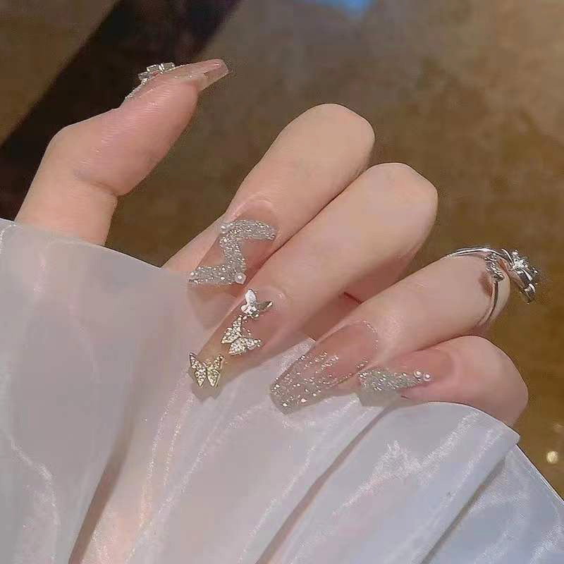 Warm Genie Same Style Wear Nail Flash Broken Diamond Manicure Finished Nail Stickers Removable Fake Nail Long Nail Stickers