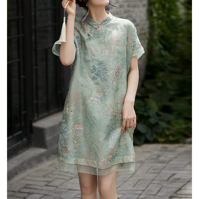 外贸夏季国风欧根纱重工绣花新中式旗袍连衣裙-阿里巴巴