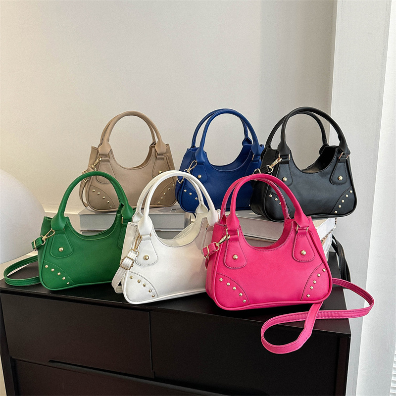 Retro Solid Color New Moon Bag Underarm Bag Rivet Crescent Fashion All-Match Portable Shoulder Messenger Bag for Women