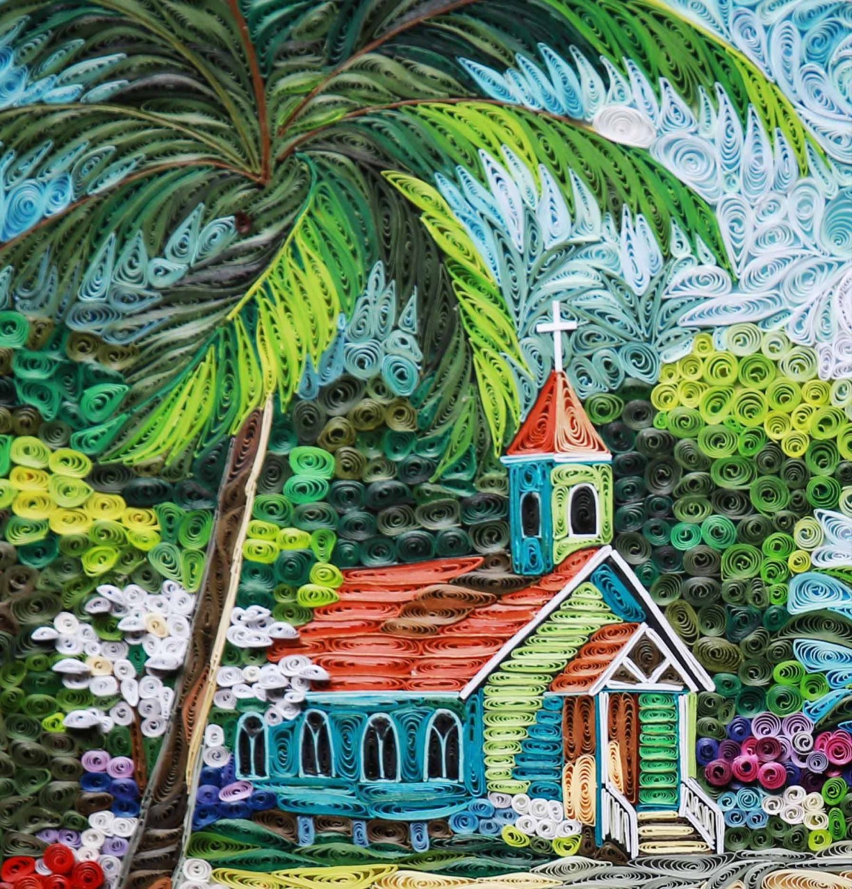 海边大海红色房子风景花衍纸材料包底稿线稿艺术学生手工diy作业