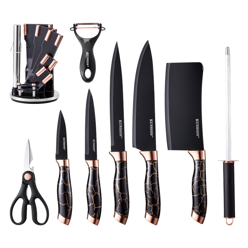 Electroplating Head Knife Set Full Set Stainless Steel Kitchen Knife 9-Piece Rotating Knife Holder Household Combination Kitchen Knife Set