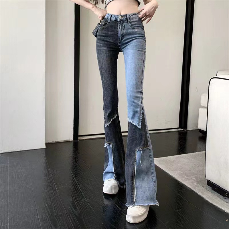   High Waist Stretch Flared Pants Jeans Women's New Patchwork Color TikTok Same Style Micro Pull Slim-Fit Figure Flattering Pants