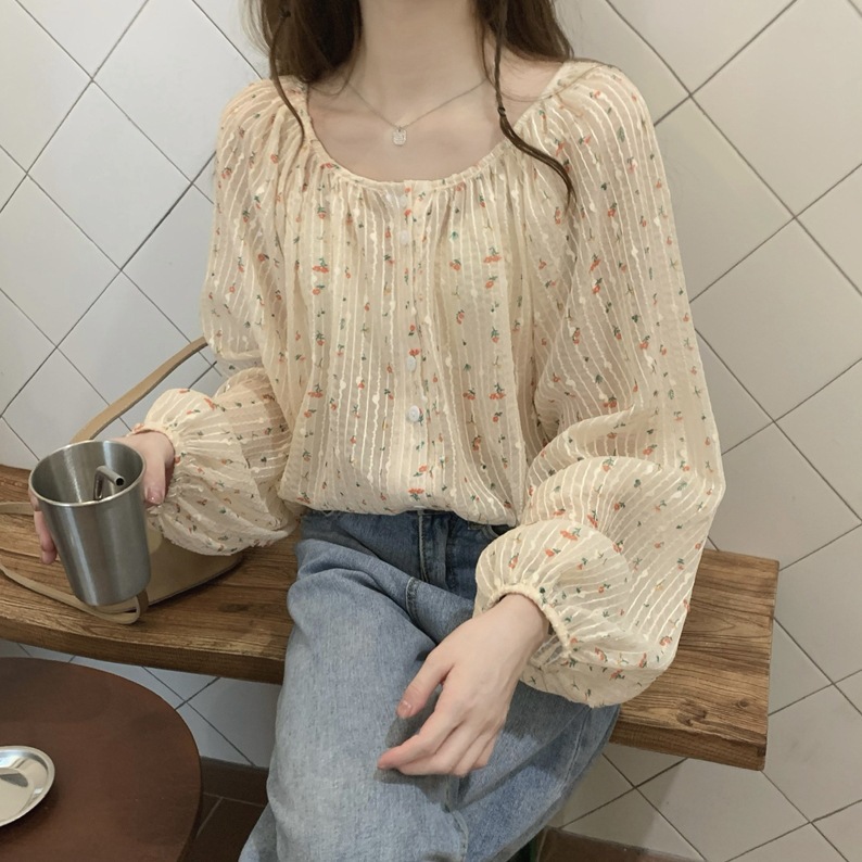 Early Spring and Autumn Simple Chiffon Floral Shirt Women's Design Sense Niche Chic Thin Hong Kong Style Long Sleeve Top Summer