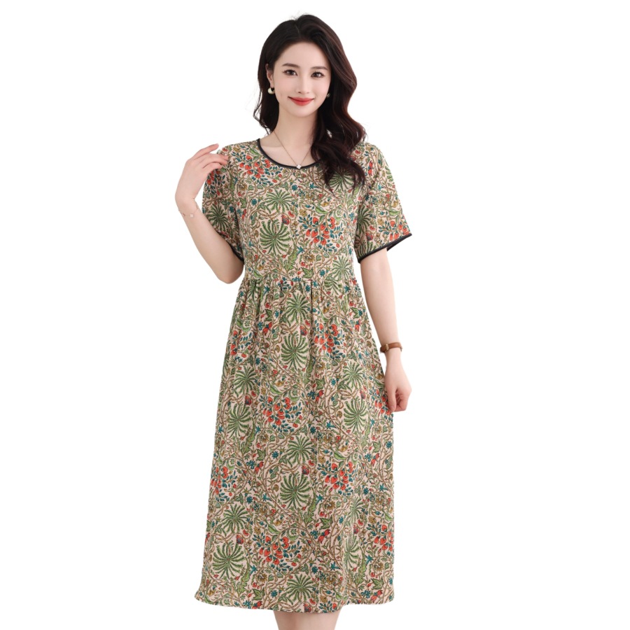 春夏季新款显瘦遮腹碎花连衣裙中老年人妈妈装印花宽松大码家居服