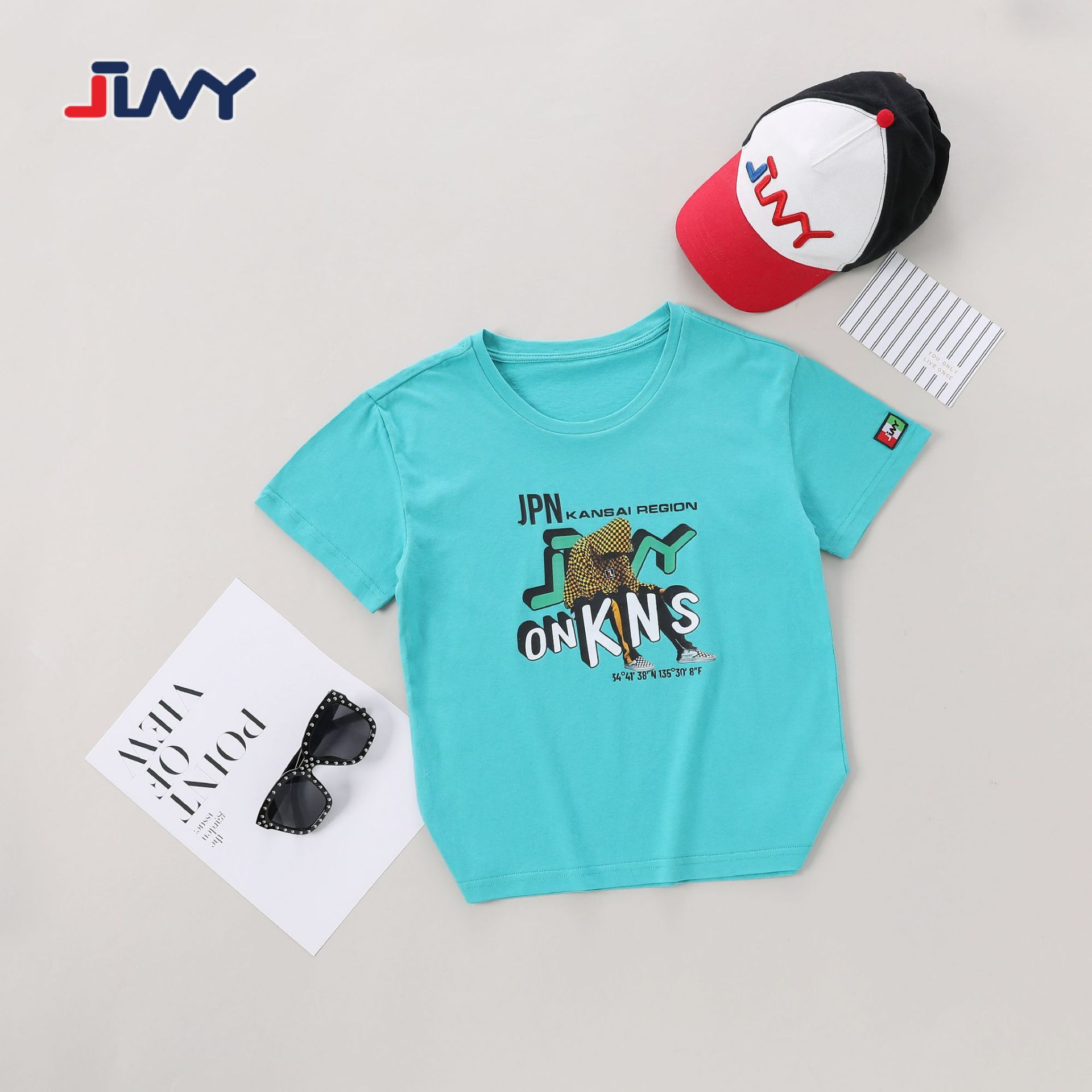 jlny潮牌运动童装夏季直播中大童棉制ins透气男童短袖t恤外贸批发