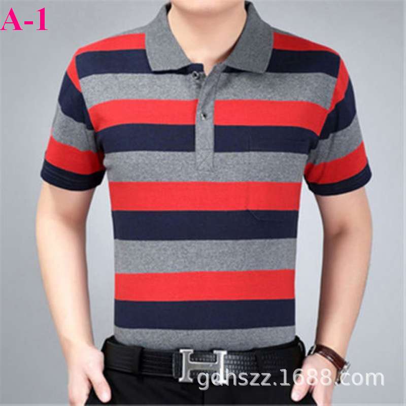 A Large Number of Spot T-Shirt Wholesale Short-Sleeved Men's Lapel Loose Striped Cotton Medium Youth Old Dad Wear Factory Direct Sales