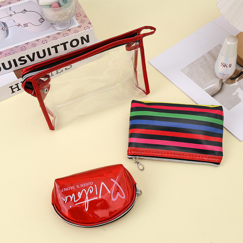 Three-Piece Cosmetic Bag Striped Printing Portable Cosmetics Storage Bag Good-looking Ins Waterproof Wash Bag Cross-Border