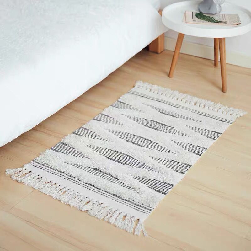 Moroccan Style Cotton and Linen Tassel Floor Mat Simple Bedroom and Household Bedside Carpet Living Room Sofa and Tea Table Tufted Foot Mat