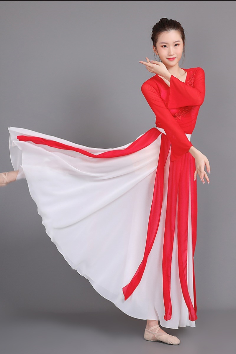万疆舞蹈服饰演出服纱衣红歌红色纱裙风训练服表演古典舞